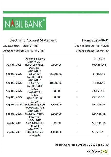 Népal Nabil Bank Relevé de compte électronique Modèle Word et PDF